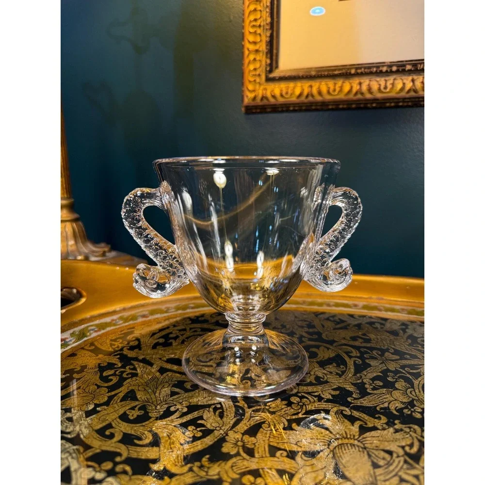 Vintage Glass Pedestal cup with Figural Fish Handles‎